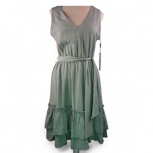 Calvin Klein Gauzy Mint Green Tie Waist Tiered‎ Hem V Neck Dress 8 $134 NWT